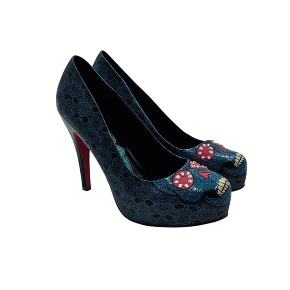 Women's - Rockband Iron Fist Sugar Skull Blue Punk Heels, Size 10 - Picture 1 of 14